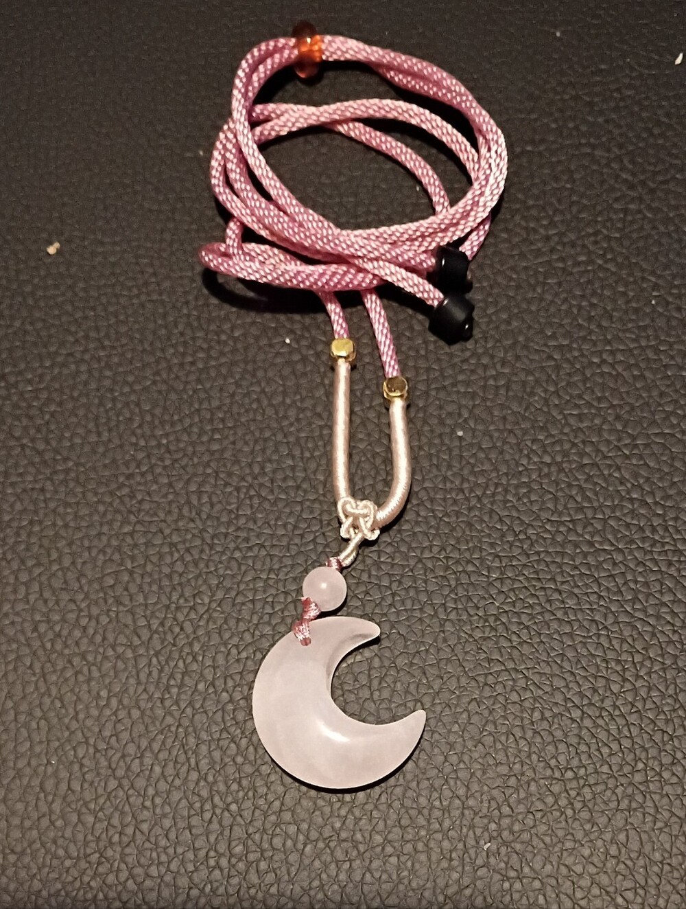 NWOT Brand New Braided Rope Cord Soft Pink Rose Quartz Crescent Moon Necklace
